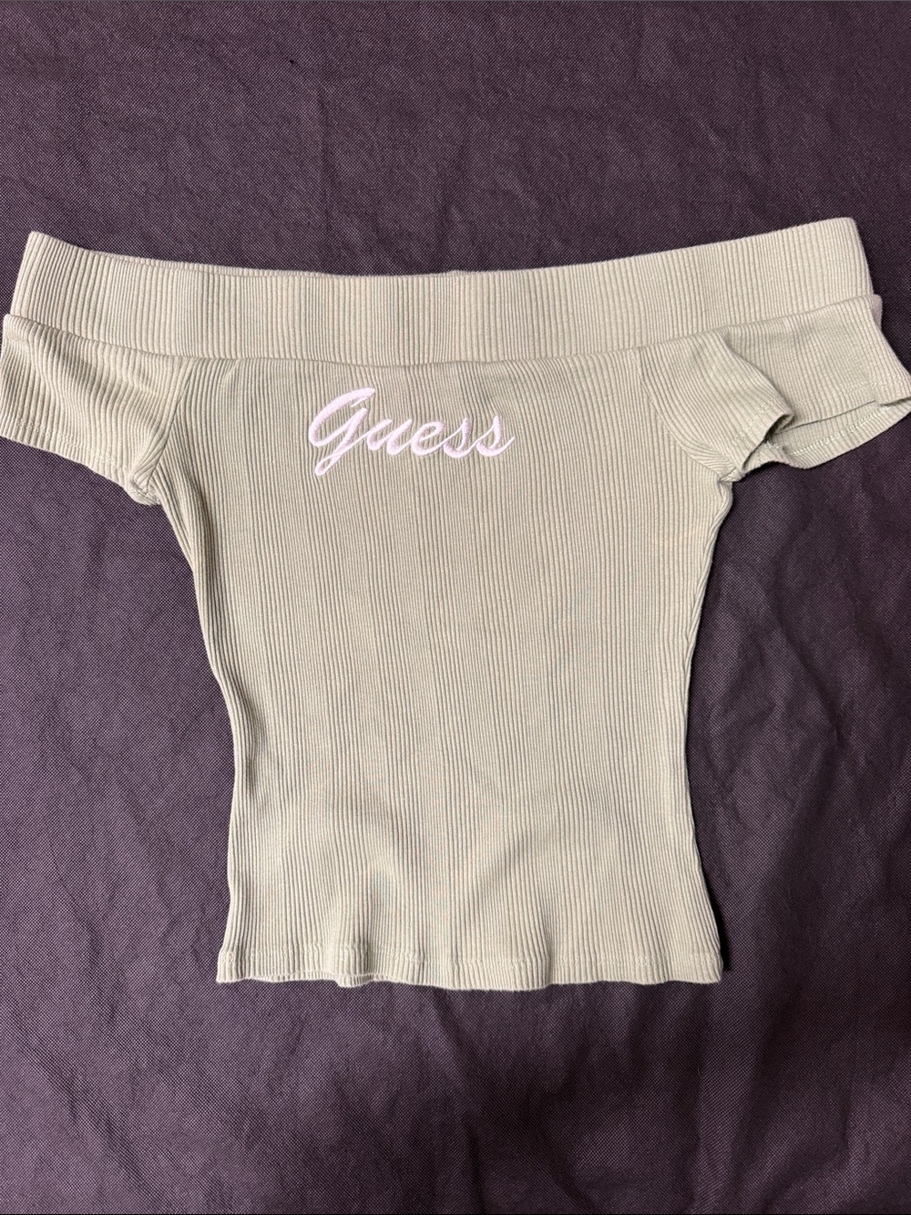 GUESS Off-Shoulder Ribbed Crop Top in Sage Green